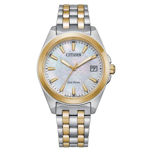 The CITIZEN Peyten Eco-Drive 33mm Watch boasts a two-tone stainless steel band in silver and gold. It includes a mother-of-pearl dial, gold hour markers, and a date window positioned at 3 o'clock. The watch features a round case highlighted by a gold bezel.