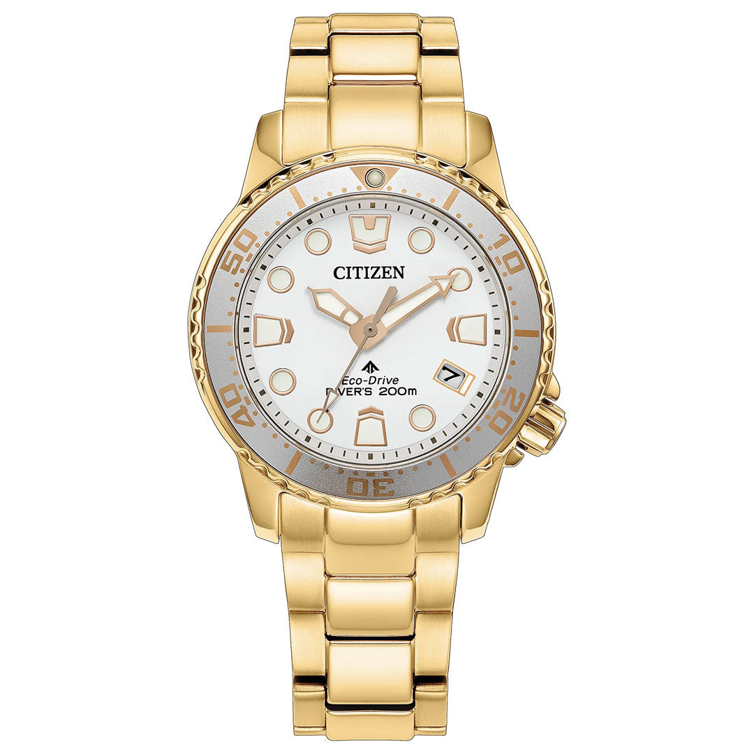 The CITIZEN Promaster Dive Eco-Drive 36.5mm watch features a gold case and band, white dial with gold markers and hands, date display, rotating bezel, "Eco-Drive Divers 200m," and is ISO-certified for diving.