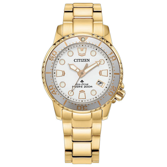 The CITIZEN Promaster Dive Eco-Drive 36.5mm watch features a gold case and band, white dial with gold markers and hands, date display, rotating bezel, "Eco-Drive Divers 200m," and is ISO-certified for diving.