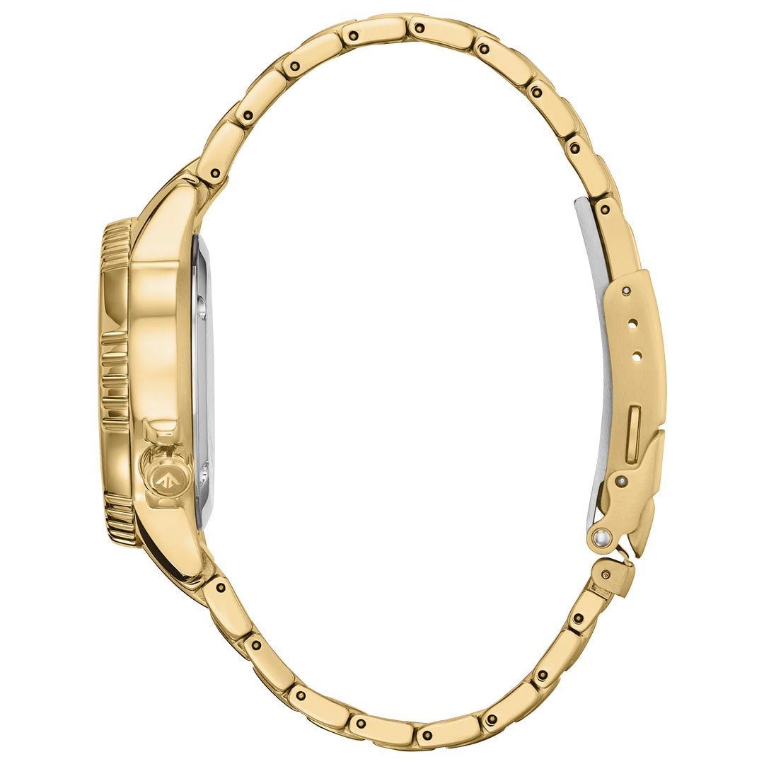 Side view of the CITIZEN Promaster Dive Eco-Drive 36.5mm Watch with a gold round case, textured crown, and metal link bracelet featuring a clasp and multiple adjustment holes.