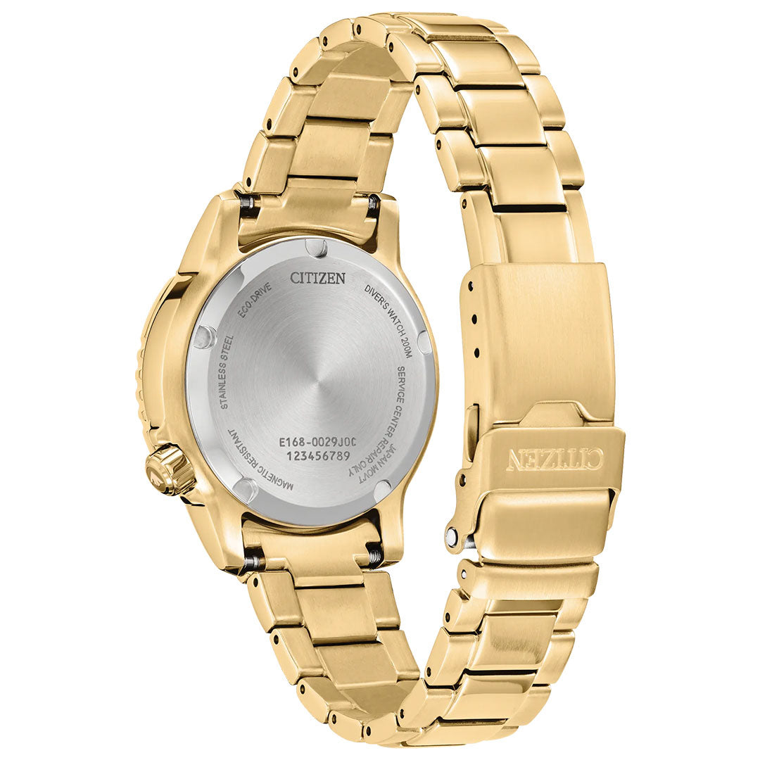 The CITIZEN Promaster Dive Eco-Drive 36.5mm Watch is shown from the back, featuring a stainless steel case back with engraved text and a gold metal link band, partially open to reveal the clasp mechanism.