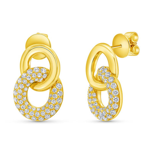 The Uneek Legacy 18K Yellow Gold Diamond Drop Earrings feature a sophisticated double loop design, with one loop encrusted in small, sparkling round diamonds, all exquisitely crafted in luxurious 18 karat gold.