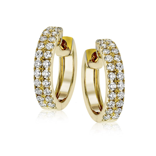 Introducing the Simon G. 18K Yellow Gold Diamond Hoop Earrings, a stunning creation from the renowned brand Simon G. These earrings feature a gently curved design adorned with multiple rows of evenly set white diamonds, beautifully displayed against a white background to enhance their elegant appearance.