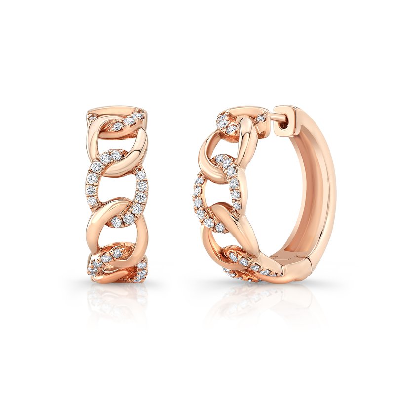 The Uneek Legacy 14K Rose Gold Earrings, designed by Uneek, showcase interlocking chain links adorned with small round diamonds, all set against a white backdrop.