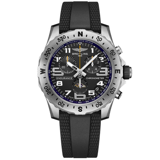 The BREITLING Endurance Pro 44 features a black dial with white numerals, three subdials, silver hands and accents, a bidirectional bezel, and a black textured rubber strap—echoing the spirit of the Breitling NFL Edition Baltimore Ravens.