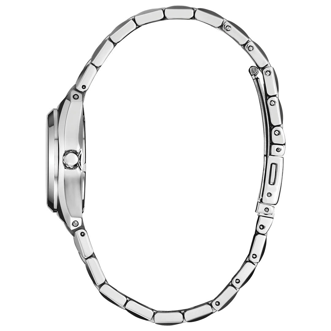 A side view of the CITIZEN Corso Eco-Drive 27mm Watch showcases its sleek, silver stainless steel case, metal link bracelet, the watch face’s thickness, and the signature clasp.