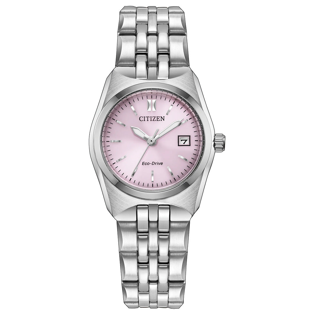 The CITIZEN Corso Eco-Drive 27mm Watch by CITIZEN features a silver stainless steel case, a pink dial with silver hour markers, a date window at 3 o’clock, and a metal link band.