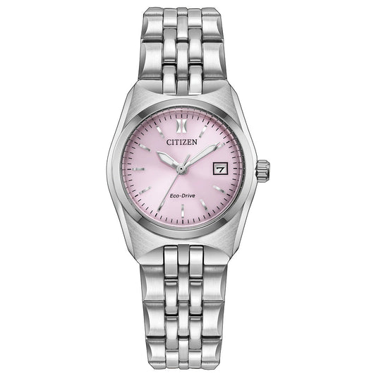 The CITIZEN Corso Eco-Drive 27mm Watch by CITIZEN features a silver stainless steel case, a pink dial with silver hour markers, a date window at 3 o’clock, and a metal link band.