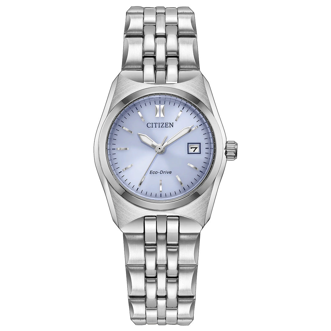 The CITIZEN Corso Eco-Drive 27mm Watch by CITIZEN features a stainless steel case and a linked metal band. Its light blue, colourful dial is adorned with silver hour markers and includes a date display at the 3 o’clock position. The watch showcases “Eco-Drive” above the 6 o’clock mark, highlighting its advanced Eco-Drive technology.
