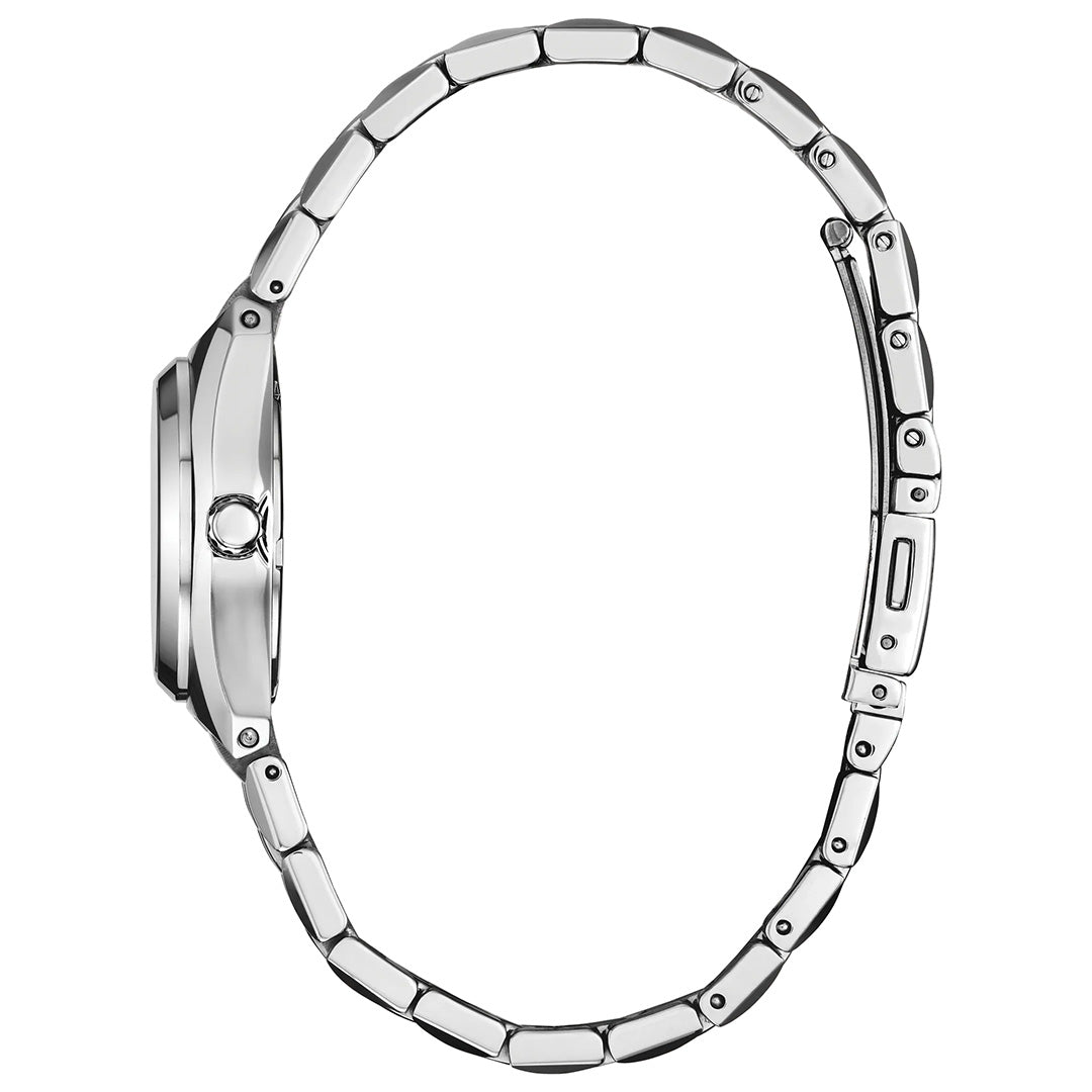 A side view of the CITIZEN Corso Eco-Drive 27mm Watch in silver stainless steel, featuring a metal link band with a closed clasp on the right and showcasing its slim case. The watch face is not visible.