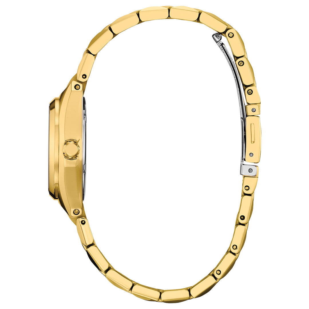 The CITIZEN Corso Eco-Drive 27mm Watch is shown from the side, highlighting its slim gold-tone stainless steel case and linked bracelet with clasp—both glowing in matching gold for timeless style.