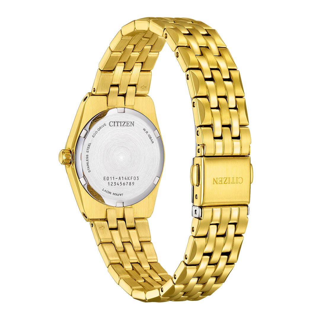 The CITIZEN Corso Eco-Drive 27mm Watch features a gold-tone stainless steel case and bracelet with fold-over clasp, engraved case back details, and advanced Eco-Drive technology.