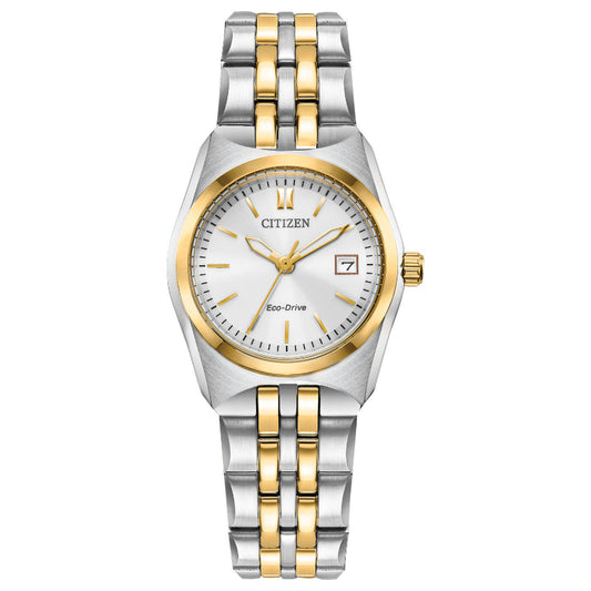 Introducing the CITIZEN Corso Eco-Drive 28mm Watch, an elegant timepiece for women that features a sophisticated silver and gold band. This classic piece showcases a round white face adorned with gold hour markers, hands, and includes a convenient date display at the 3 o'clock position. The watch is elegantly finished with a stunning gold-toned bezel.