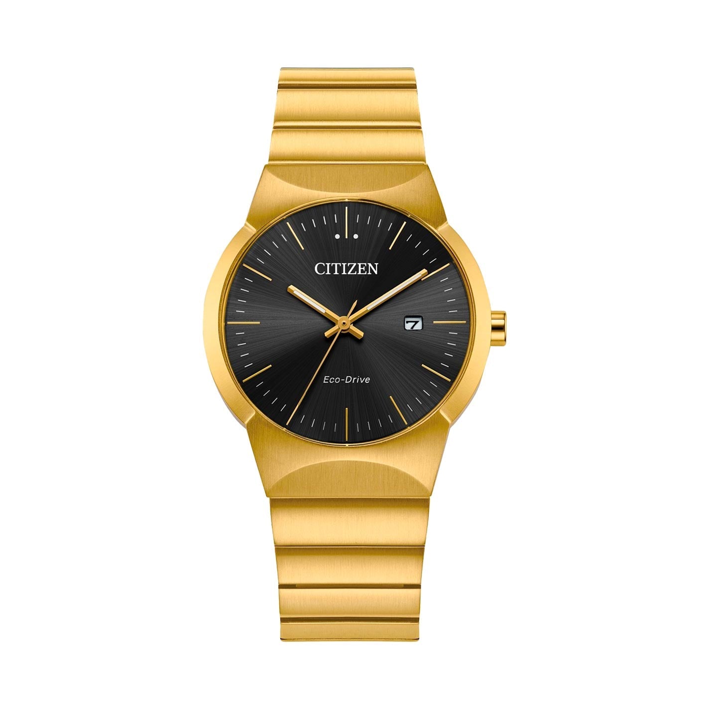 This CITIZEN Axiom Eco-Drive 30mm watch for women showcases a black round face with sleek hour markers and a date display at the 3 o'clock position. It features understated gold hands and comes with a polished gold-tone stainless steel bracelet, making it an ideal choice for everyday elegance.