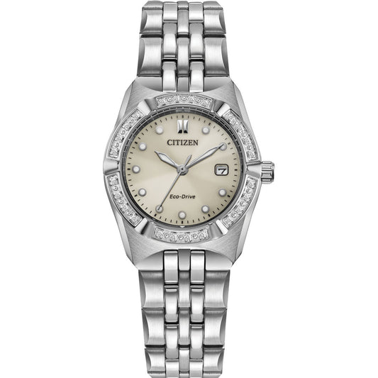 A CITIZEN Corso Diamond Eco-Drive 28mm watch, featuring a pearl-colored face with date display and a stainless steel bracelet. The silver ladies' timepiece is elegantly enhanced by a diamond-accented bezel adorned with small crystals.