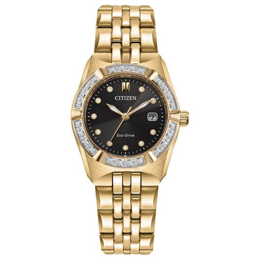 The CITIZEN Corso Diamond Eco-Drive 28mm Watch for ladies showcases a striking black dial accented with golden hands and hour markers. Its elegant design is enhanced by a diamond-accented bezel. The watch also features a date display at the 3 o'clock position, while the gold bracelet, designed with polished links, seamlessly merges luxury with CITIZEN's innovative Eco-Drive technology.