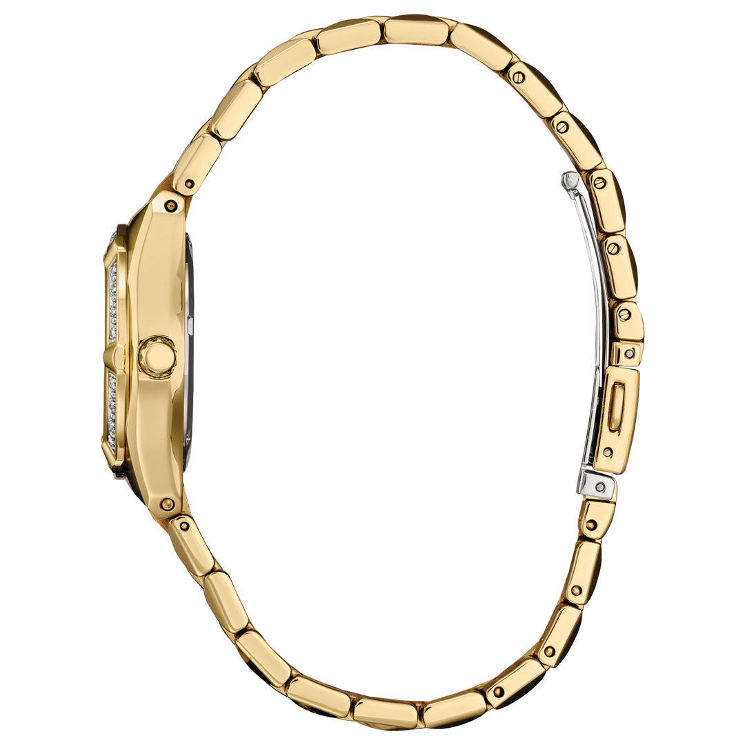 Side view of the CITIZEN Corso Diamond Eco-Drive 28mm ladies' watch, featuring a gold finish with advanced Eco-Drive technology. It highlights a slim, linked bracelet and a visible crown. The partially open clasp reveals the sleek and minimalist design of this elegant timepiece by CITIZEN.