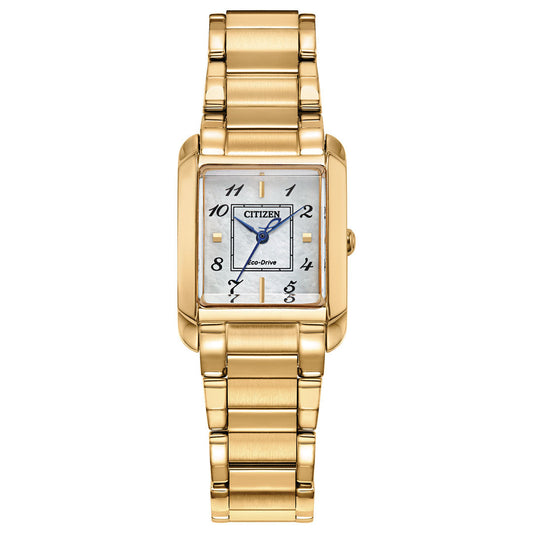 The CITIZEN Bianca Eco-Drive 21.5mm watch, a ladies’ timepiece from CITIZEN, showcases a rectangular face with Eco-Drive technology. Its watch face is adorned with a white background, black hour markers, and a blue second hand. An elegant gold-tone stainless steel link bracelet perfects the look.