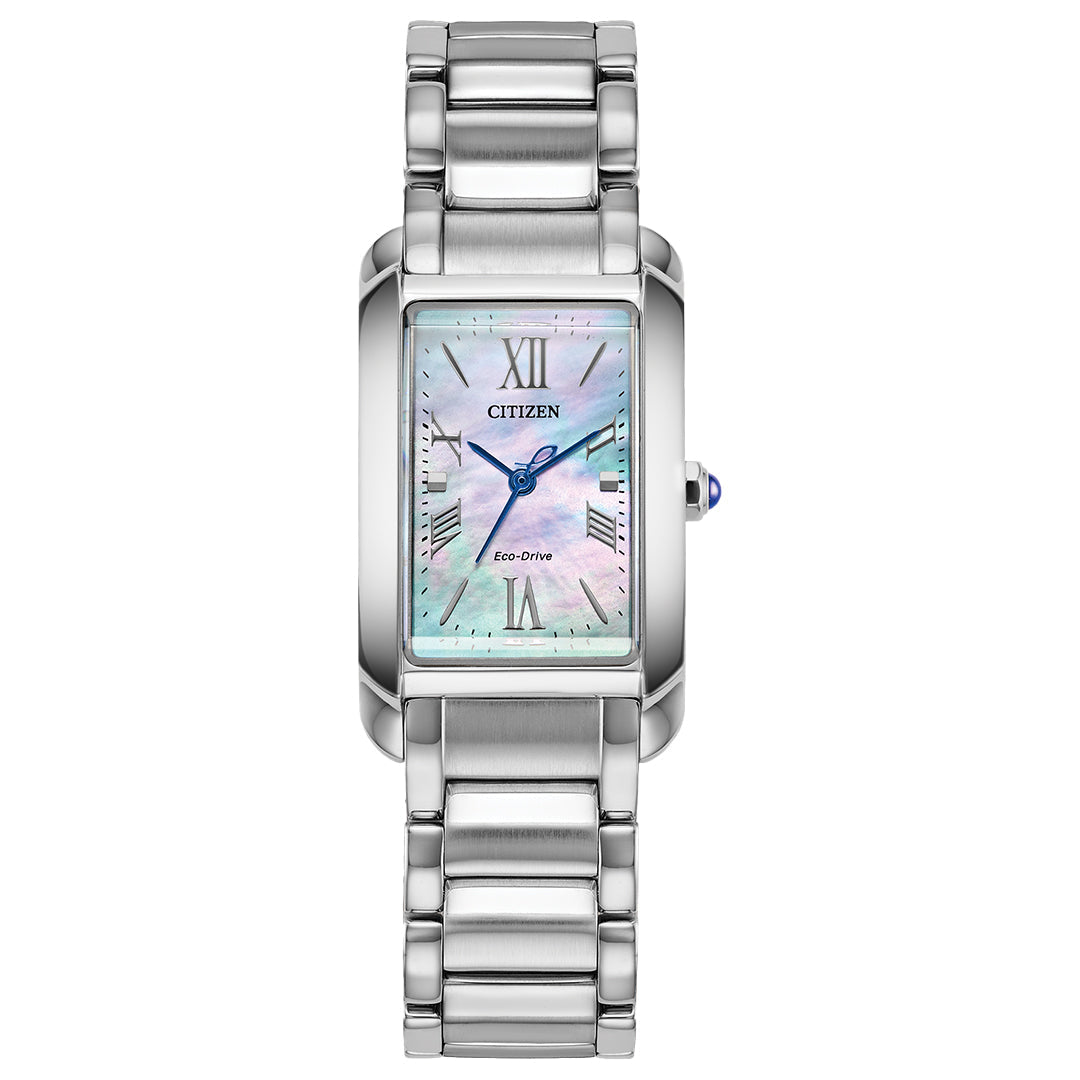 The CITIZEN L Bianca Eco-Drive 32.4mm Watch features a rectangular face with Roman numerals at 12 and 6, a mother-of-pearl dial with blue hands, and an elegant blue accent on the crown. Its silver link bracelet complements its sustainable luxury powered by Eco-Drive technology.