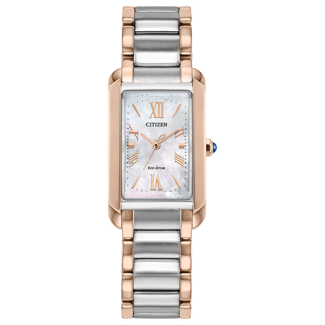 The CITIZEN L Bianca Eco-Drive 19.5mm Watch features a rectangular case, silver and rose gold metal band, white mother-of-pearl dial with rose gold Roman numerals, a blue-accented crown, and blends art deco elegance with sustainable luxury.