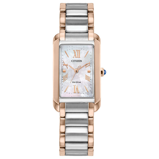 The CITIZEN L Bianca Eco-Drive 19.5mm Watch features a rectangular case, silver and rose gold metal band, white mother-of-pearl dial with rose gold Roman numerals, a blue-accented crown, and blends art deco elegance with sustainable luxury.