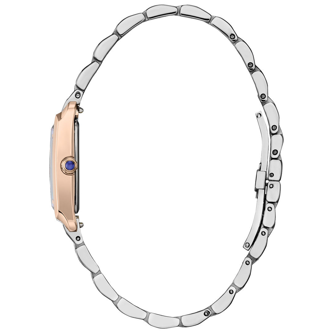 Side view of the CITIZEN L Bianca Eco-Drive 19.5mm watch, featuring a rose gold bezel, silver two-tone bracelet, and blue gem crown detail. Powered by CITIZEN’s Eco-Drive technology.