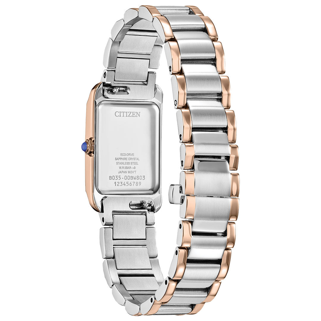 Back view of the CITIZEN L Bianca Eco-Drive 19.5mm Watch featuring a silver and rose gold two-tone band, rectangular case, engraved details, and a blue crown—a modern take on art deco style by CITIZEN.