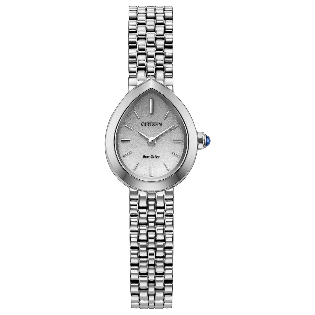 The CITIZEN L Rainell Eco-Drive 20mm women’s watch showcases a teardrop-shaped silver face with minimalist hour markers and a stainless steel link bracelet. A subtle blue accent adorns the crown, and the watch is displayed against a white background.