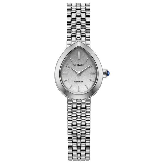 The CITIZEN L Rainell Eco-Drive 20mm women’s watch showcases a teardrop-shaped silver face with minimalist hour markers and a stainless steel link bracelet. A subtle blue accent adorns the crown, and the watch is displayed against a white background.
