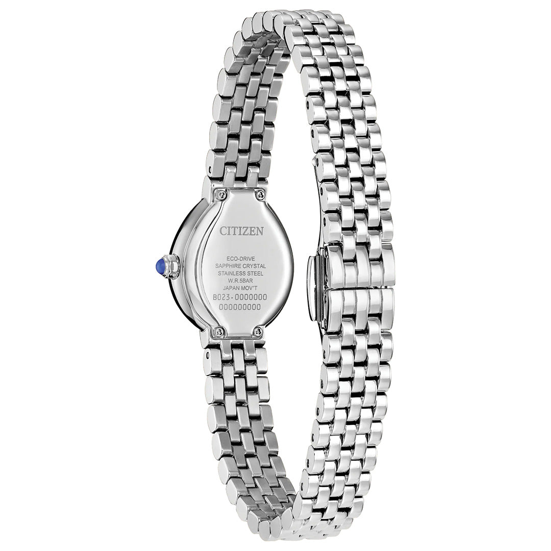 Back view of the CITIZEN L Rainell Eco-Drive 20mm Watch by CITIZEN, showcasing a silver stainless steel link band, secure clasp, and engraved detailing on the case. A subtle blue accent on the crown enhances its elegant design, while innovative Eco-Drive technology powers the sophisticated timepiece.