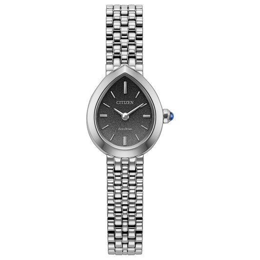 A CITIZEN L Rainell Eco-Drive 20mm women’s wristwatch featuring a teardrop-shaped black dial with silver hour markers, a sleek stainless steel band, and a crown set with a subtle blue gem accent. The watch face displays “CITIZEN Eco-Drive,” emphasizing its innovative light-powered Eco-Drive technology for convenient timekeeping.