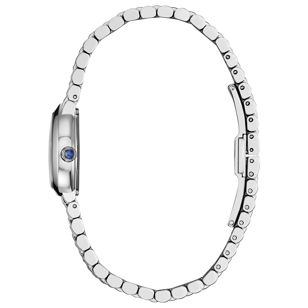Side view of the CITIZEN L Rainell Eco-Drive 20mm Watch, crafted from stainless steel with a round blue crown, displayed with its metal bracelet partially open against a white background. This elegant timepiece by CITIZEN features advanced Eco-Drive technology, seamlessly combining timeless style with innovative functionality.