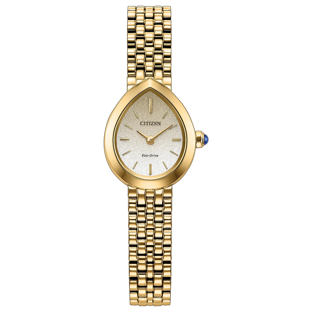 The CITIZEN L Rainell Eco-Drive 20mm Watch by CITIZEN features a teardrop-shaped face, a minimalist dial, and a yellow gold-tone stainless steel linked bracelet. Its crown is highlighted with a striking blue accent.