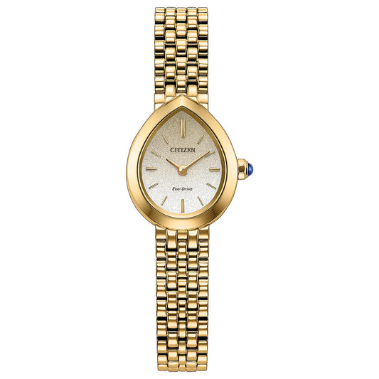 The CITIZEN L Rainell Eco-Drive 20mm Watch by CITIZEN features a teardrop-shaped face, a minimalist dial, and a yellow gold-tone stainless steel linked bracelet. Its crown is highlighted with a striking blue accent.