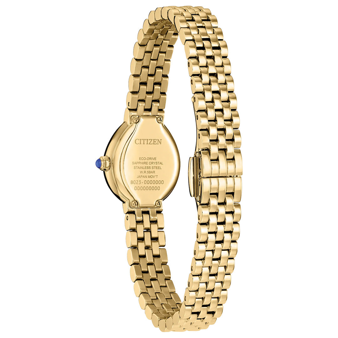 Here is the rewritten sentence: Back view of the CITIZEN L Rainell Eco-Drive 20mm Watch by CITIZEN, featuring a yellow gold-tone stainless steel linked bracelet and a blue crown. The back case is engraved with watch details and serial number, showcasing its elegant design and advanced Eco-Drive technology.