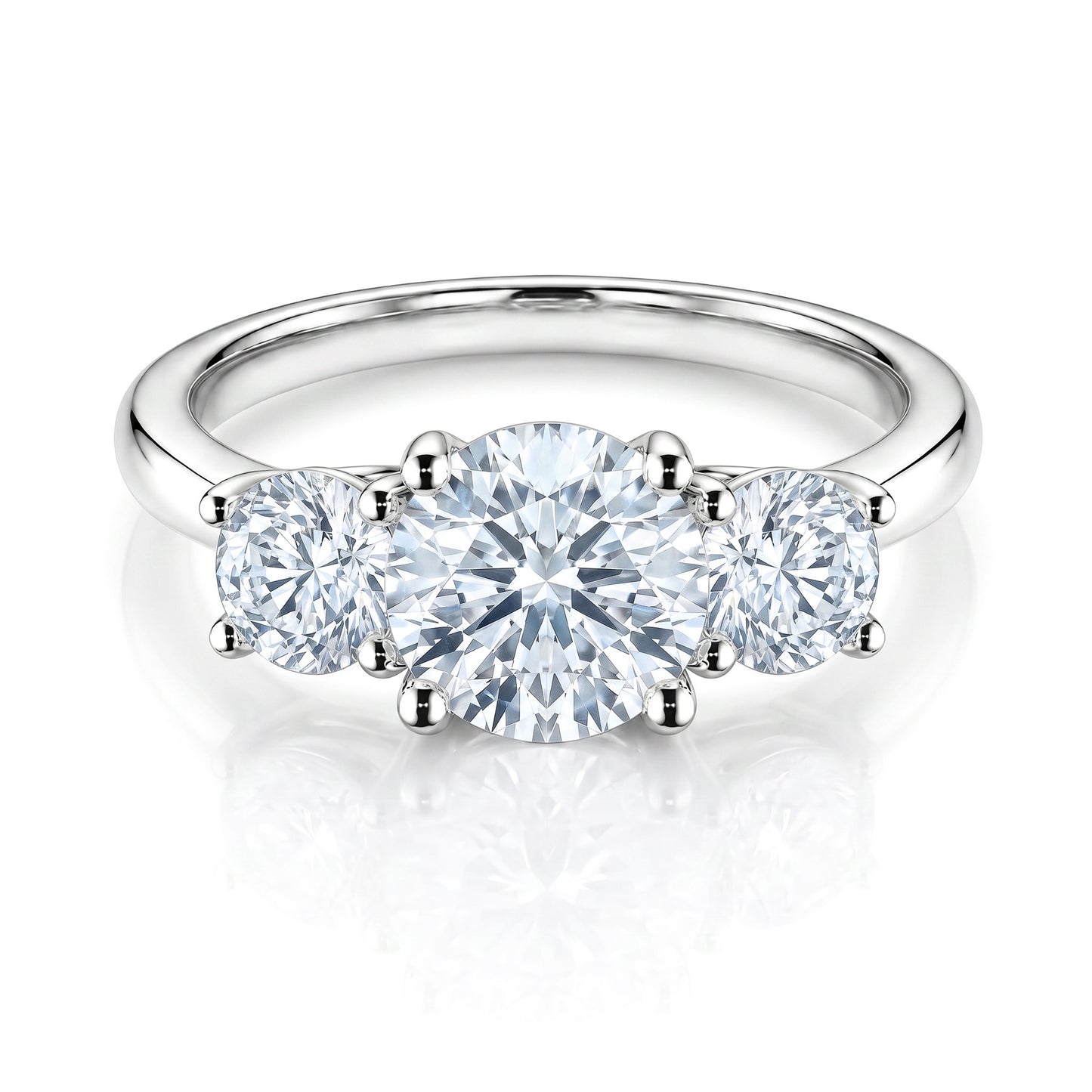 The Raffi&Co.® Signature 14K White Gold Round Brilliant Three Stone Diamond Engagement Ring features a striking round center diamond accented by two smaller rounds on a polished white gold band.