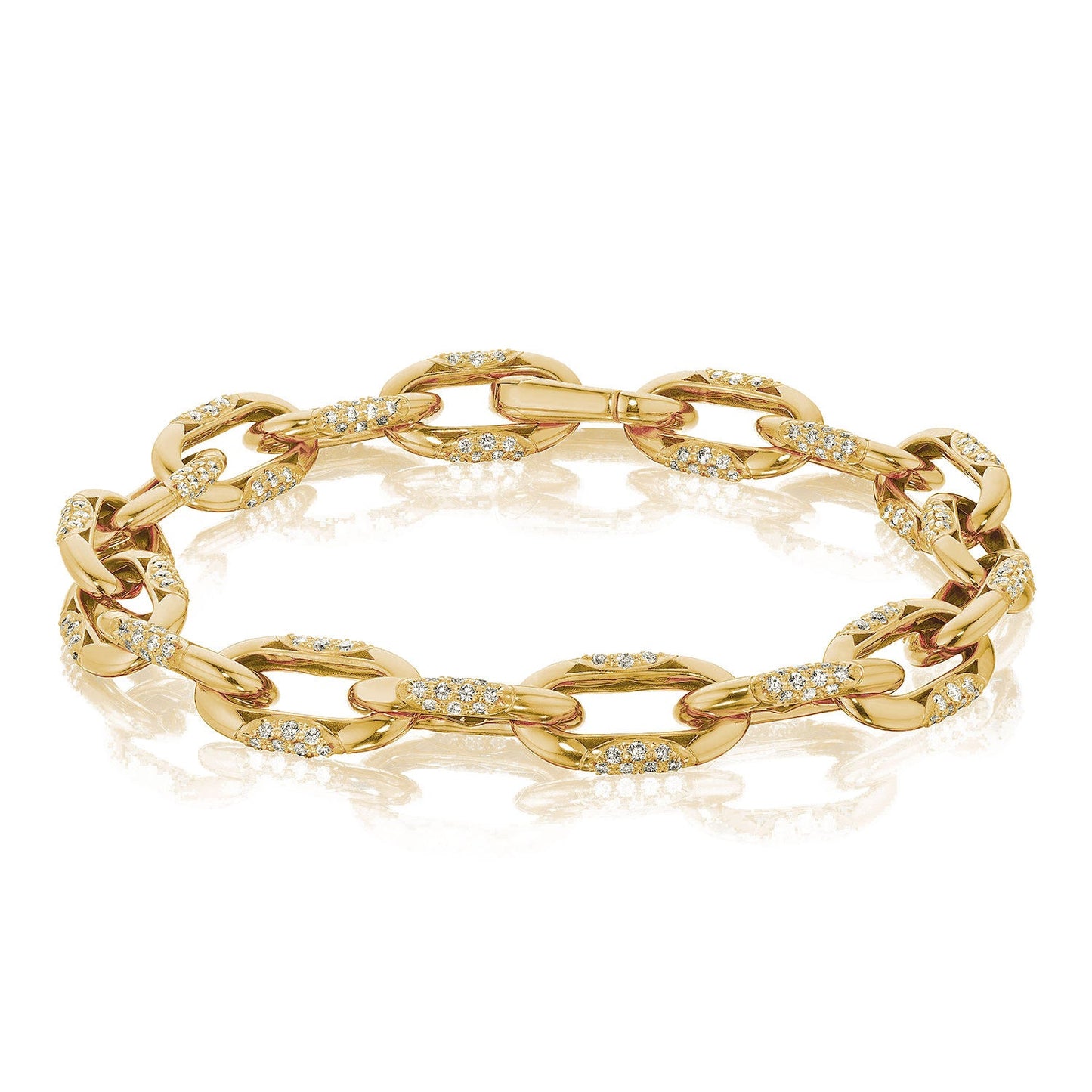 The Tacori Crescent Eclipse 18K Yellow Gold Small Link Diamond Bracelet forms a circular shape on a white surface, with alternating smooth and diamond-studded links. Reflecting light, it exemplifies exquisite artisan craftsmanship and features sparkling hand-set diamonds, elegantly showcasing the signature Tacori crescents in its design.