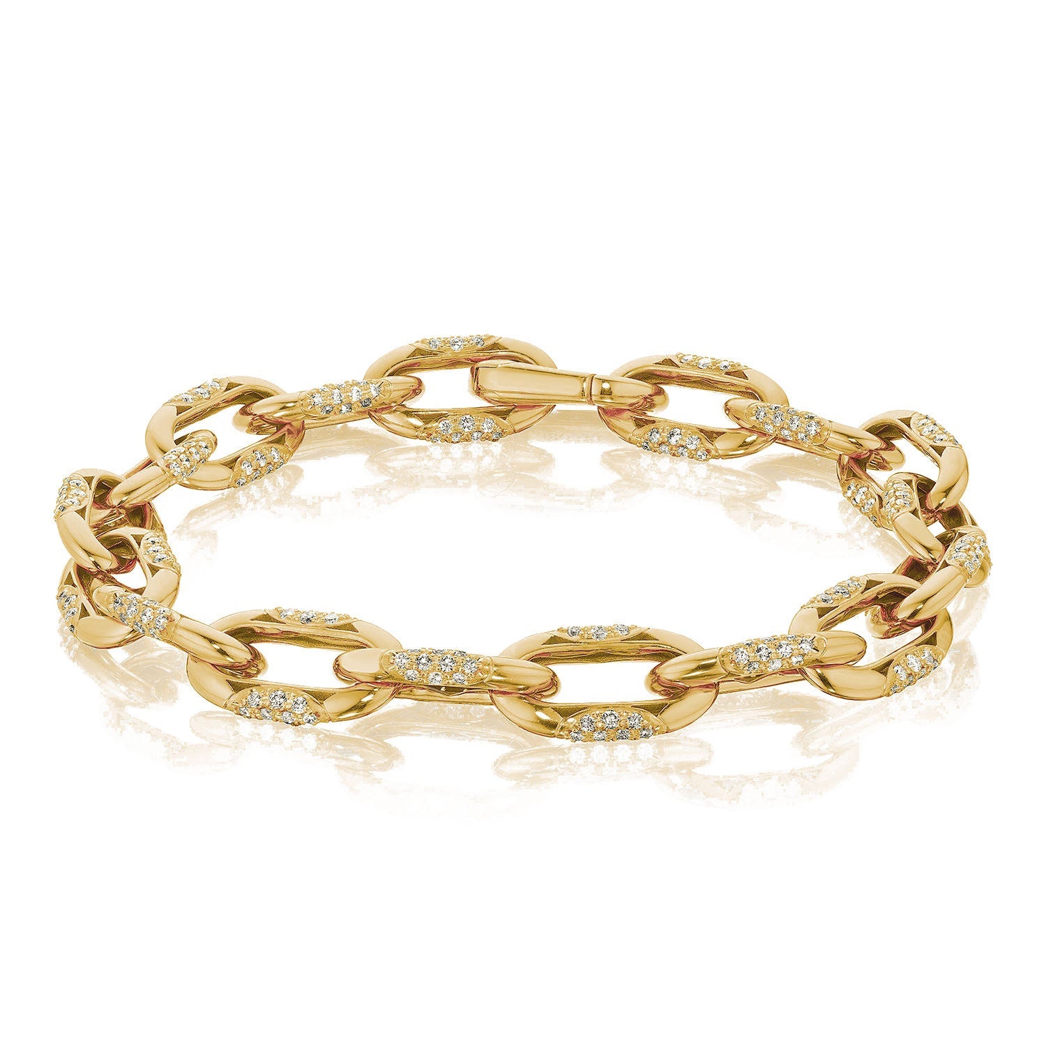 The Tacori Crescent Eclipse 18K Yellow Gold Small Link Diamond Bracelet forms a circular shape on a white surface, with alternating smooth and diamond-studded links. Reflecting light, it exemplifies exquisite artisan craftsmanship and features sparkling hand-set diamonds, elegantly showcasing the signature Tacori crescents in its design.