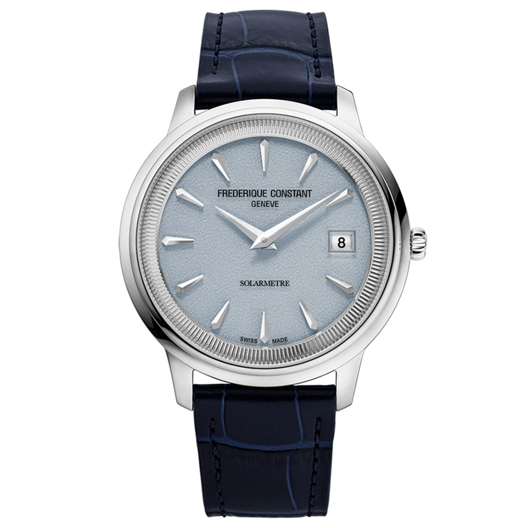 Frederique Constant Classics Moneta Solarmetre 39mm watch with a stainless steel case, textured light blue dial, silver hands and markers, date window, and dark blue leather strap.