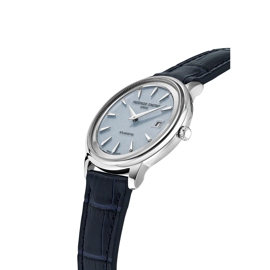 Frederique Constant Classics Moneta Solarmetre 39mm watch with a textured light blue dial, a date window, and a dark blue leather strap.