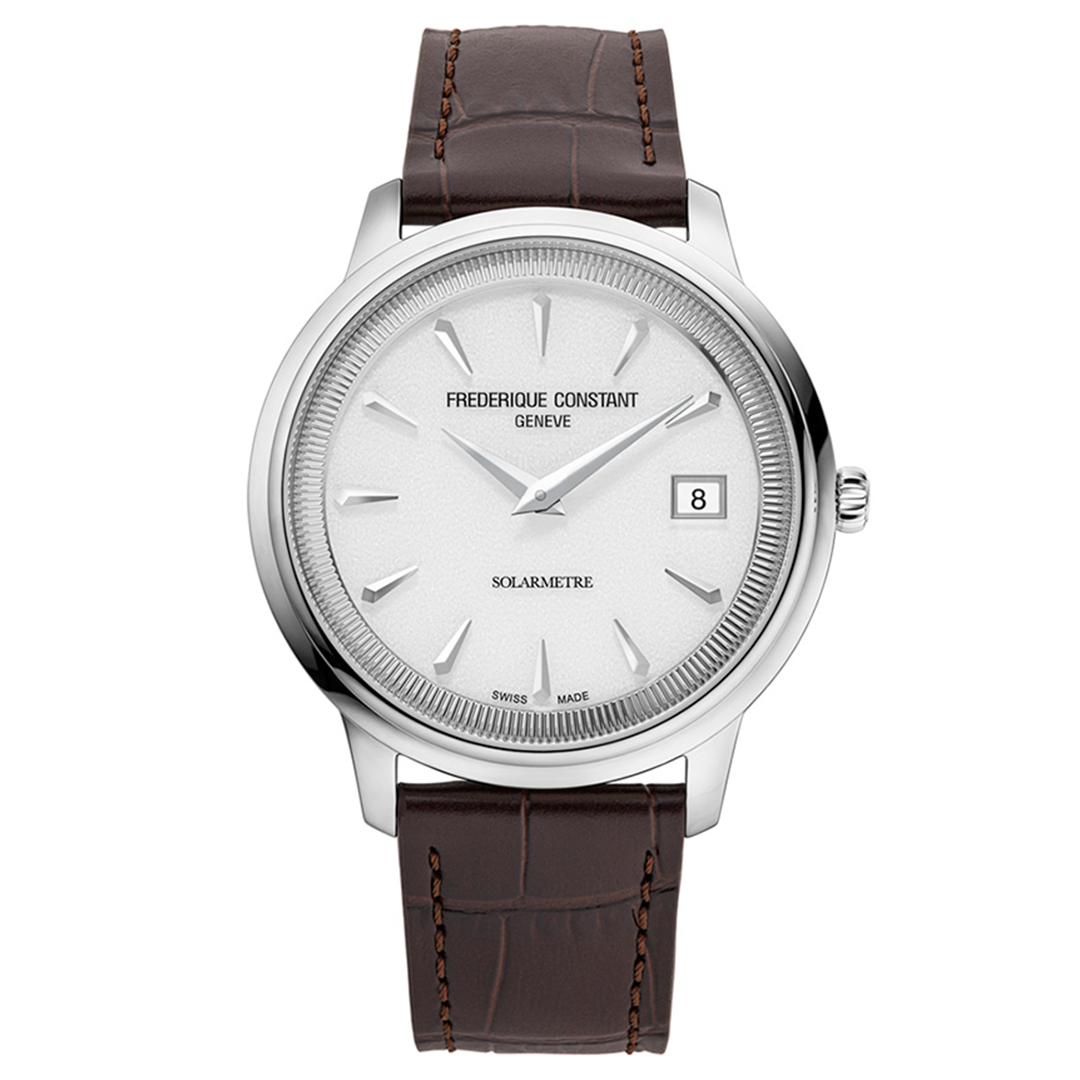 Frederique Constant Classics Moneta Solarmetre 39mm analog wristwatch with a white dial, silver hands, a date window, stainless steel case, and a brown leather strap.