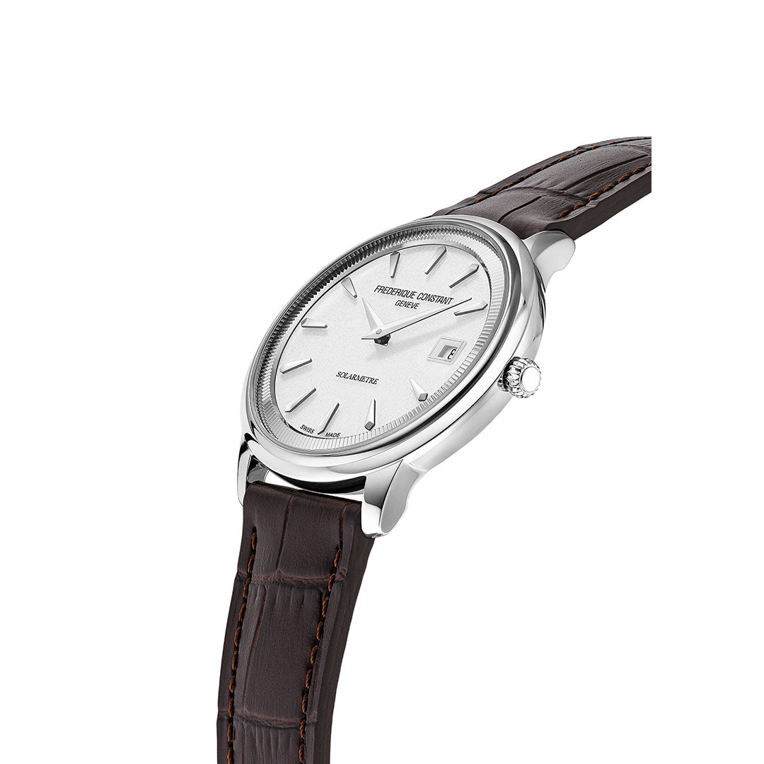 Frederique Constant Classics Moneta Solarmetre 39mm watch with a silver-tone finish, white textured dial, date window at three o’clock, and a brown leather strap.