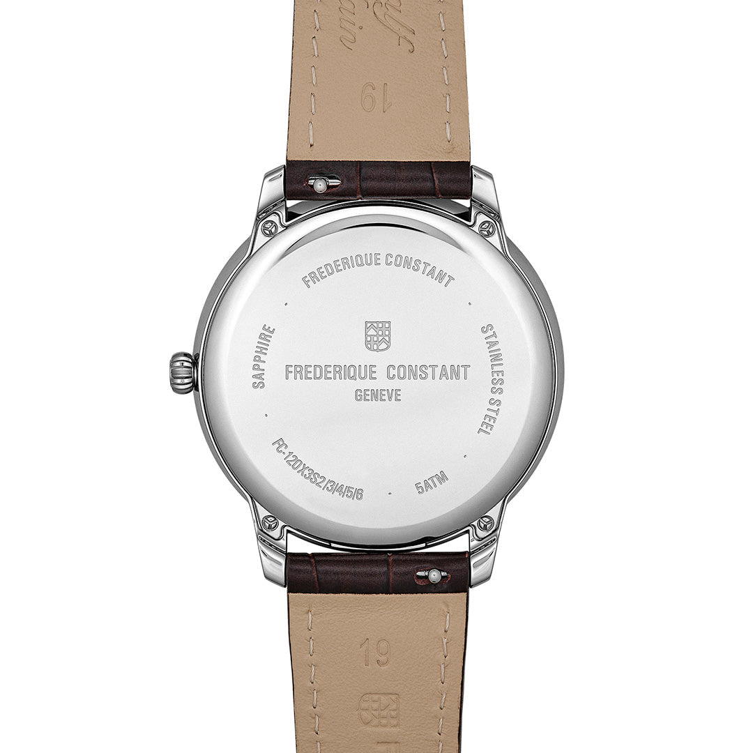 The stainless steel case back of a Frederique Constant Classics Moneta Solarmetre 39mm Watch with a dark brown leather strap.