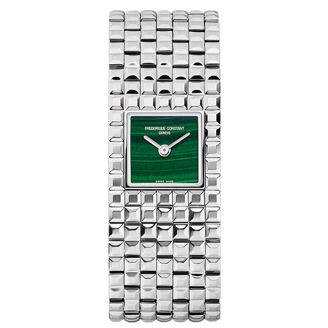 The Frederique Constant Classics Manchette Quartz 25.7mm Watch features a silver square case, green clou de paris dial, silver hands, textured metal link bracelet, and displays "Frederique Constant Geneve" and "Swiss Made" in white on the face.