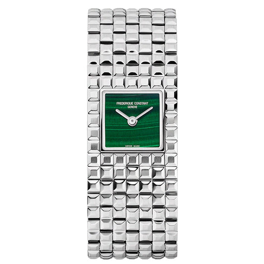 The Frederique Constant Classics Manchette Quartz 25.7mm Watch features a silver square case, green clou de paris dial, silver hands, textured metal link bracelet, and displays "Frederique Constant Geneve" and "Swiss Made" in white on the face.