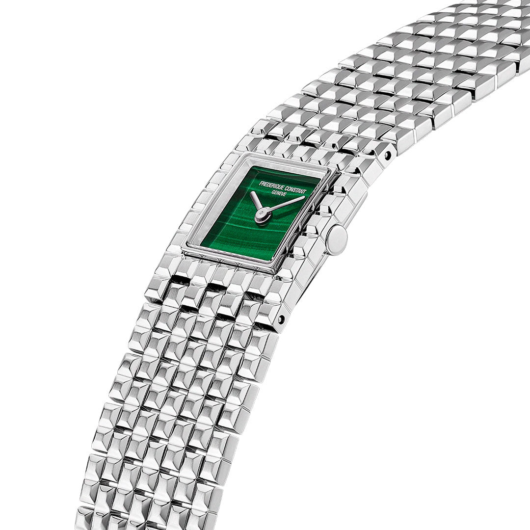The Frederique Constant Classics Manchette Quartz 25.7mm Watch features a rectangular green dial with a clou de paris pattern, silver hands, a sleek metal link bracelet, and visible "Frederique Constant" branding on the face.