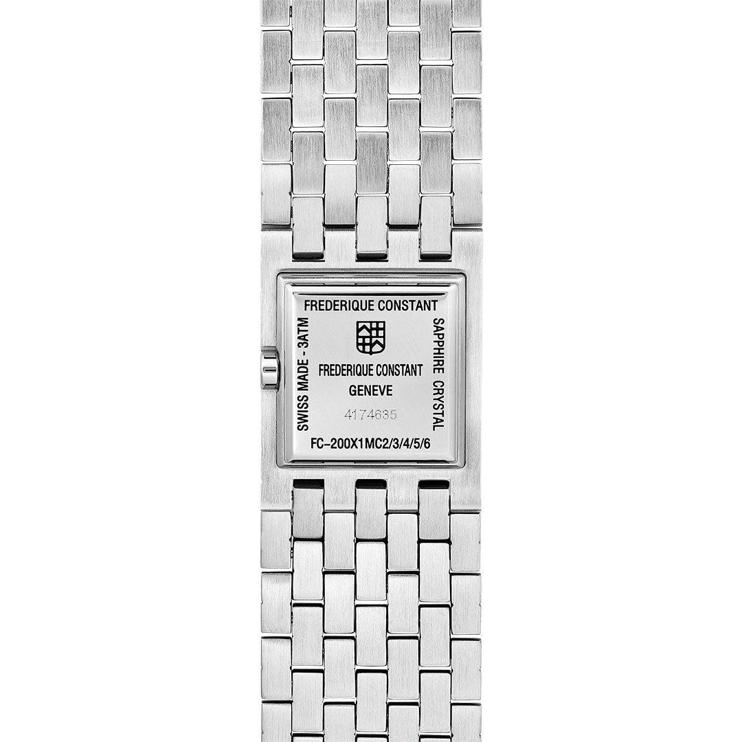 Rear view of the Frederique Constant Classics Manchette Quartz 25.7mm shows its rectangular stainless steel case with engraved brand name, logo, serial number, Swiss made mark, and a clou de Paris patterned bracelet.