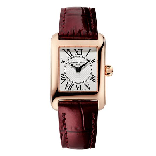 Experience timeless elegance with the Frederique Constant Classics Carree Quartz 23mm x 21mm Watch. Crafted by Frederique Constant, this sophisticated women’s luxury timepiece from the Carree collection features a rectangular gold case, a white dial adorned with black Roman numerals and a textured center, and is beautifully paired with a burgundy leather strap showcasing an exquisite crocodile pattern.
