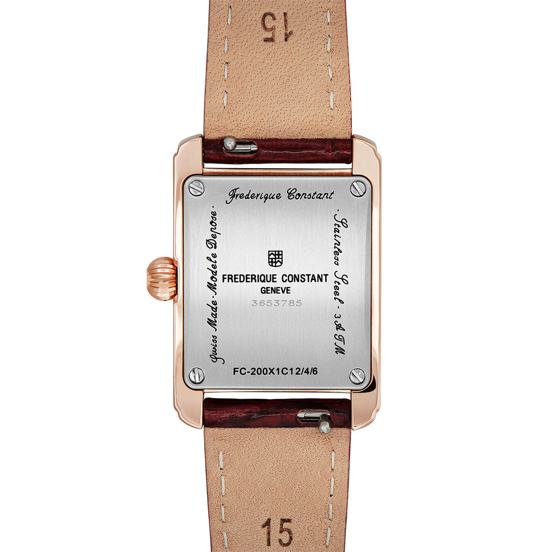 Close-up of the back of a Frederique Constant Classics Carree Quartz 23mm x 21mm women’s watch with a brown leather strap, displaying engraved serial and model numbers on its square silver case.