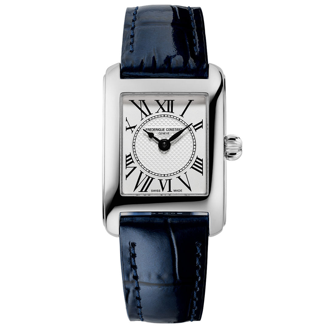 The Frederique Constant Classics Carree Quartz 21mm x 15mm women's watch features a rectangular silver case, white dial with black Roman numerals, textured inner dial, dark blue leather strap, and "Frederique Constant" on the face.